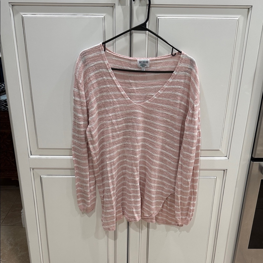 Pink and White Striped V-Neck Sweater